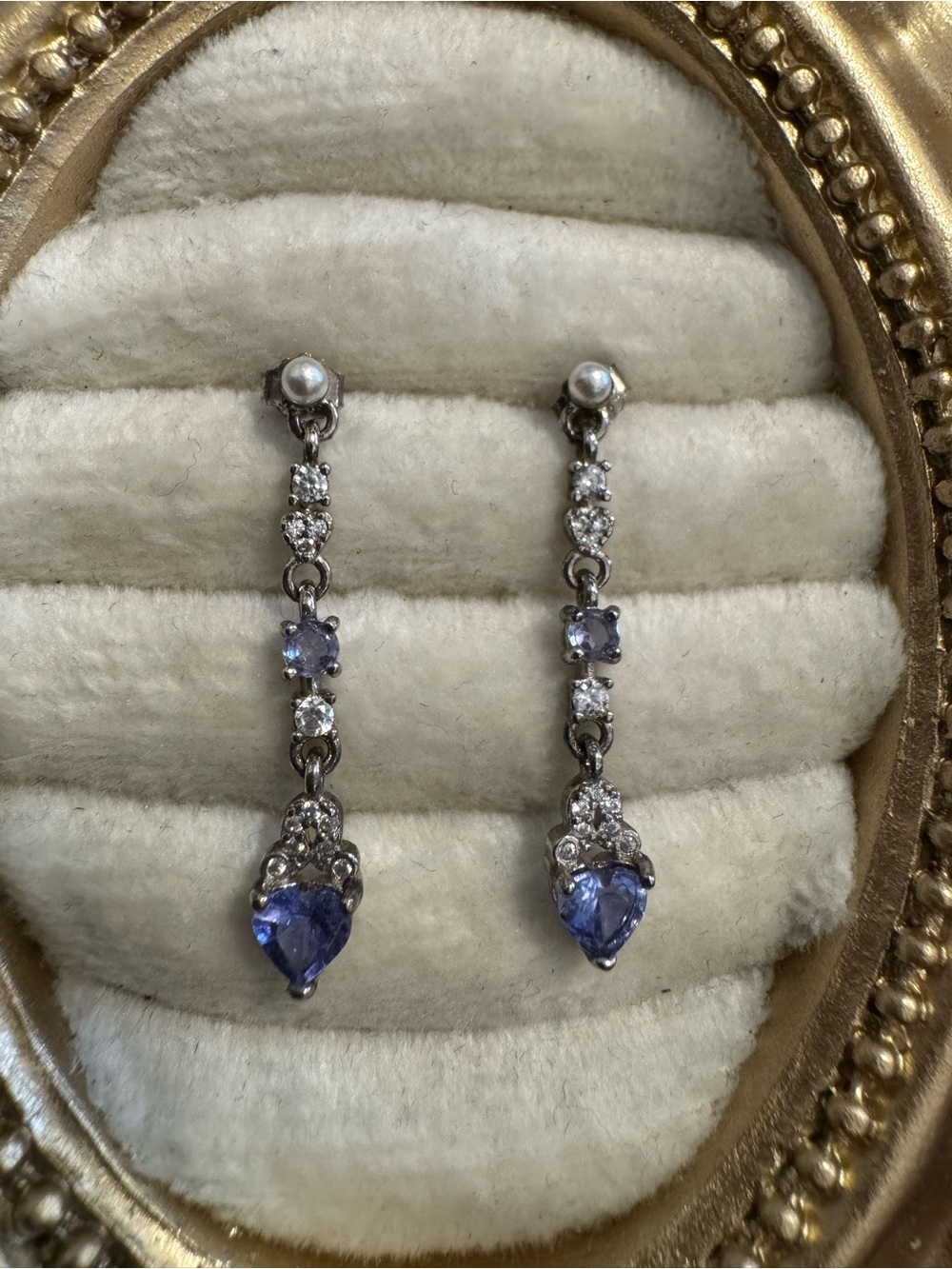 S925 tanzanite dangly earrings heart shape blue seed pearl - Picture 2 of 5